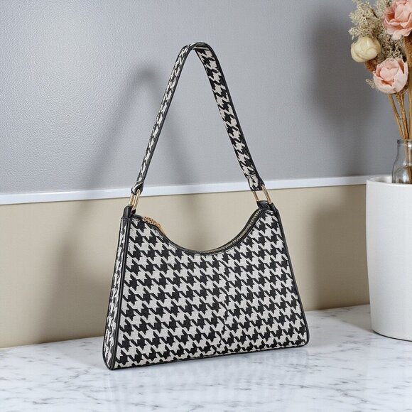 Trendy Houndstooth Shoulder Baguette Bag PU Leather Classic Black White - Picture 11 of 11